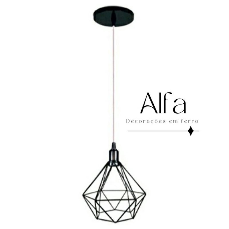 Pendente Diamante Aramado Preto Com Cabo Cristal