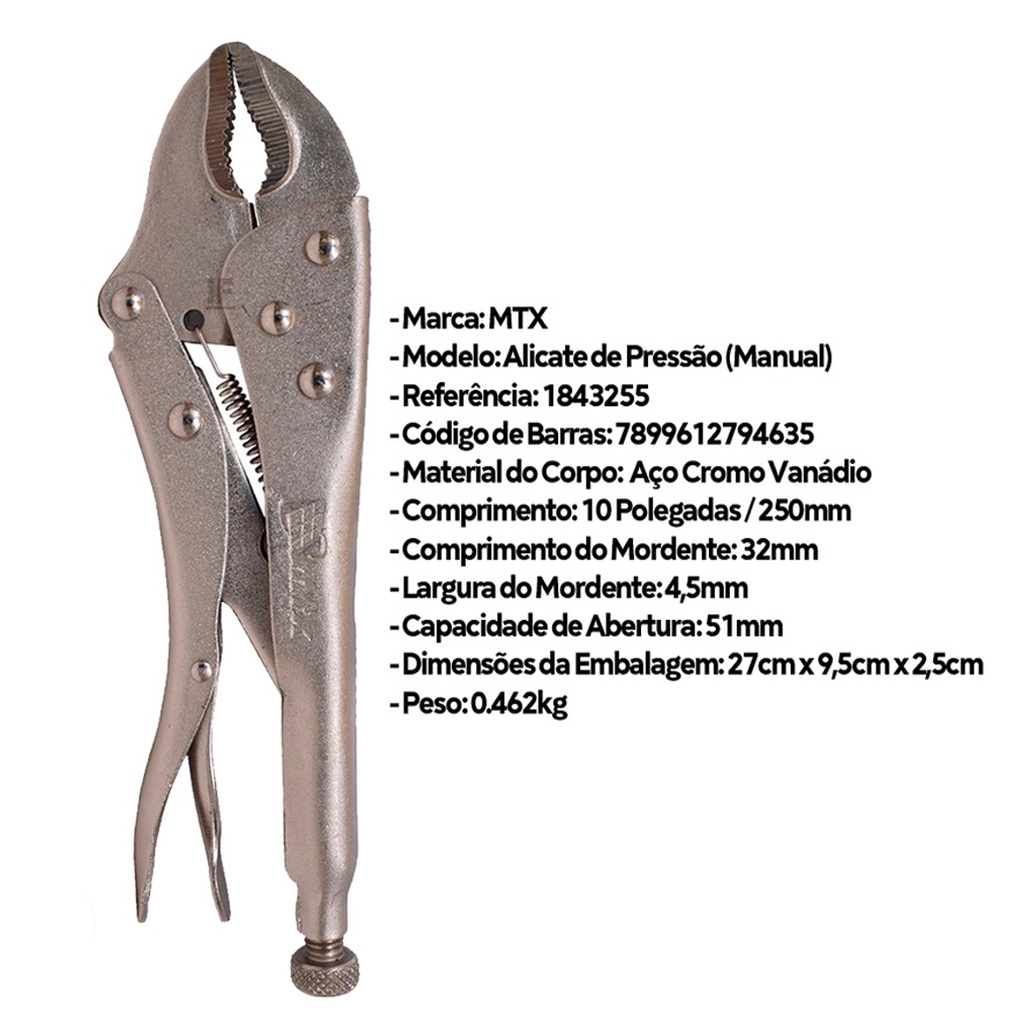 Detalhes do Alicate de Pressão 10 Pol 250mm, Mordente Reto, Curvo ou Curvo Reto MTX