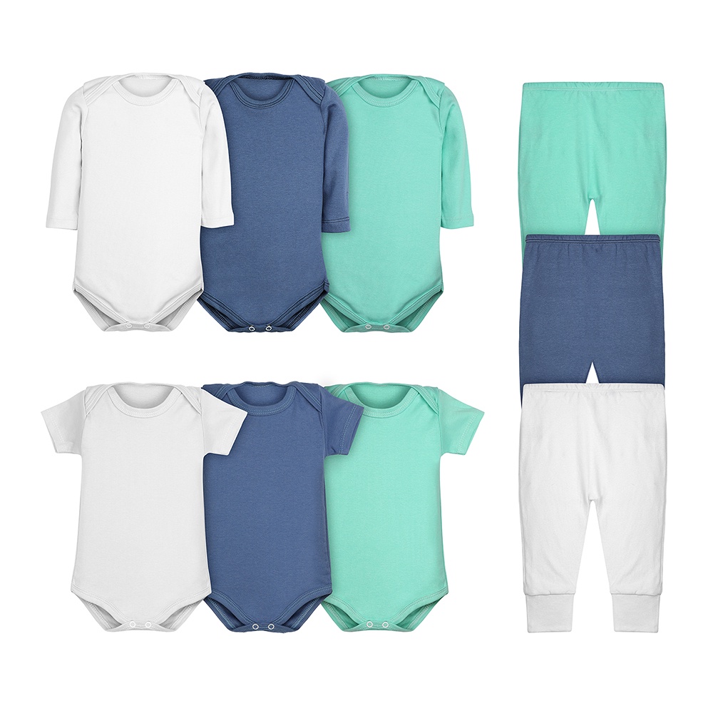 Body Bebê e Calça Mijão Kit 9 Peças Liso Masculino Roupinha de Bebê