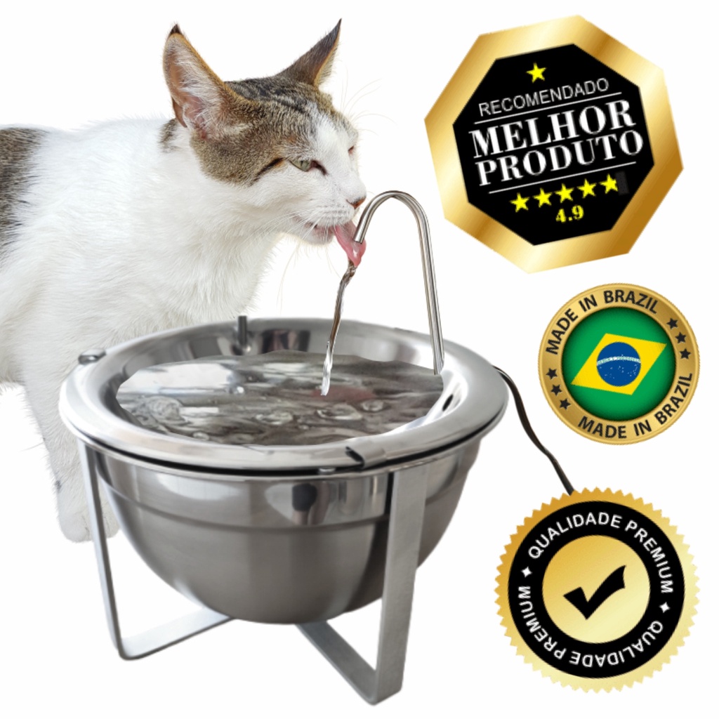 Fonte Bebedouro Inox para Gatos e Cães Pequeno Porte (com suporte) 2L Bivolt + Filtro - Água mais fresca, super fácil de limpar, não cria limo, a mais recomendada do Brasil