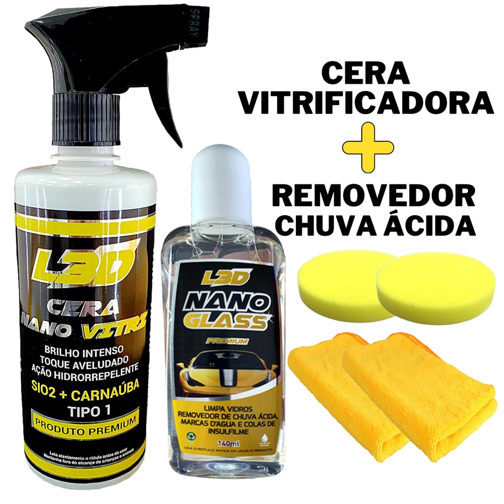 Cera Automotiva Nano Vitri L3D Carnaúba + Removedor de Chuva Acida Automotivo Fácil Aplicação