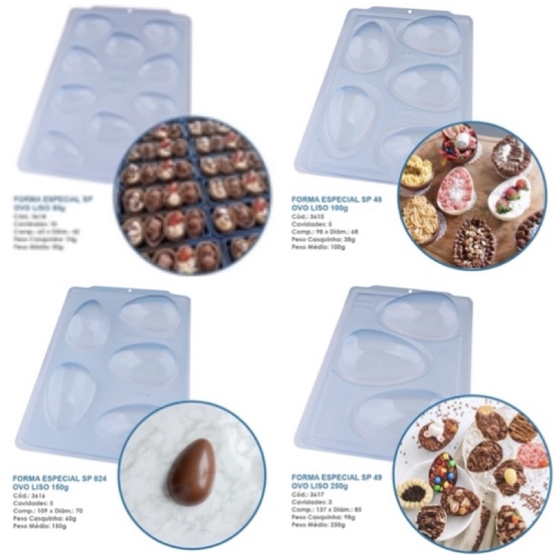 COMBO 4 FORMAS BWB SILICONE LINHA PREMIUM COD 3614 + 3615 + 3616 + 3617 OVO DE PÁSCOA 50/100/150/250 G (CHOCO) em Oferta na Shopee