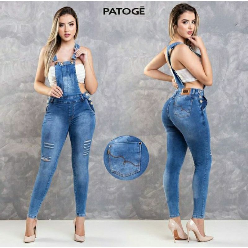 Jardineira jeans feminina store patoge