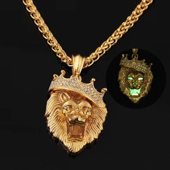 Aço Titânio Diamante Coroa Cabeça De Leão Colar Hip Hop Luminoso Masculino Punk Ouro Festa Pingente