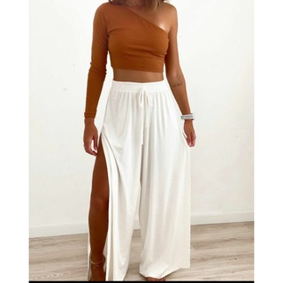 Calça Pantalona Feminina Boca Larga Fenda Lateral Elástico Cintura
