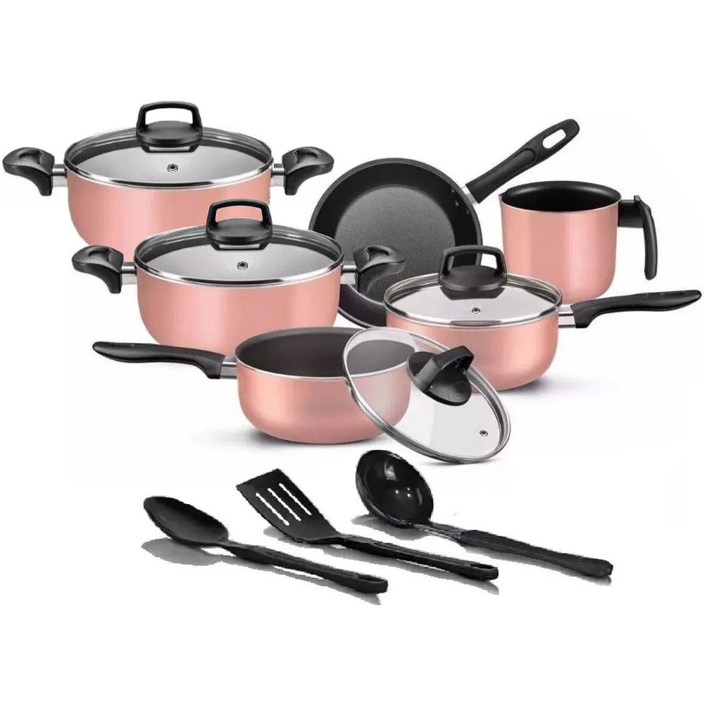 Conjunto De Panelas Rosa Antiaderente 09 Peças Champagne | Shopee Brasil