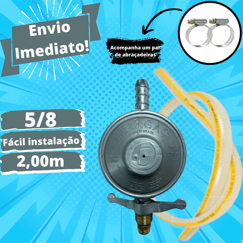 Kit Registro de Gás + Mangueira Universal Multiuso 3/8 x 3mm - 2,00m