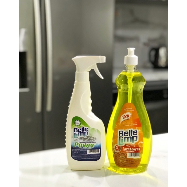 KIT1Lava louças concentrado 1L + 1Desengordurante Power limpa coifa fornos e grelhas BelleLimp 500ml