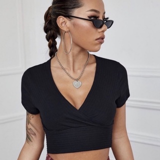 Blusa Cropped Transpassada Canelado Manga Curta feminina verão 2022