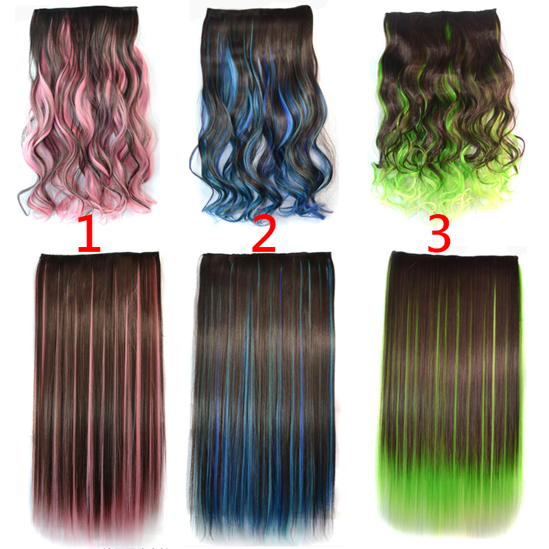 Cabelo Liso Longo / Cabelo Encaracolado Peruca 5 Clips Sobre As Extensões Do Cabelo / Marrom Destaque Rosa / Vermelho / Azul / Verde Postiços — imagem 2 de 2