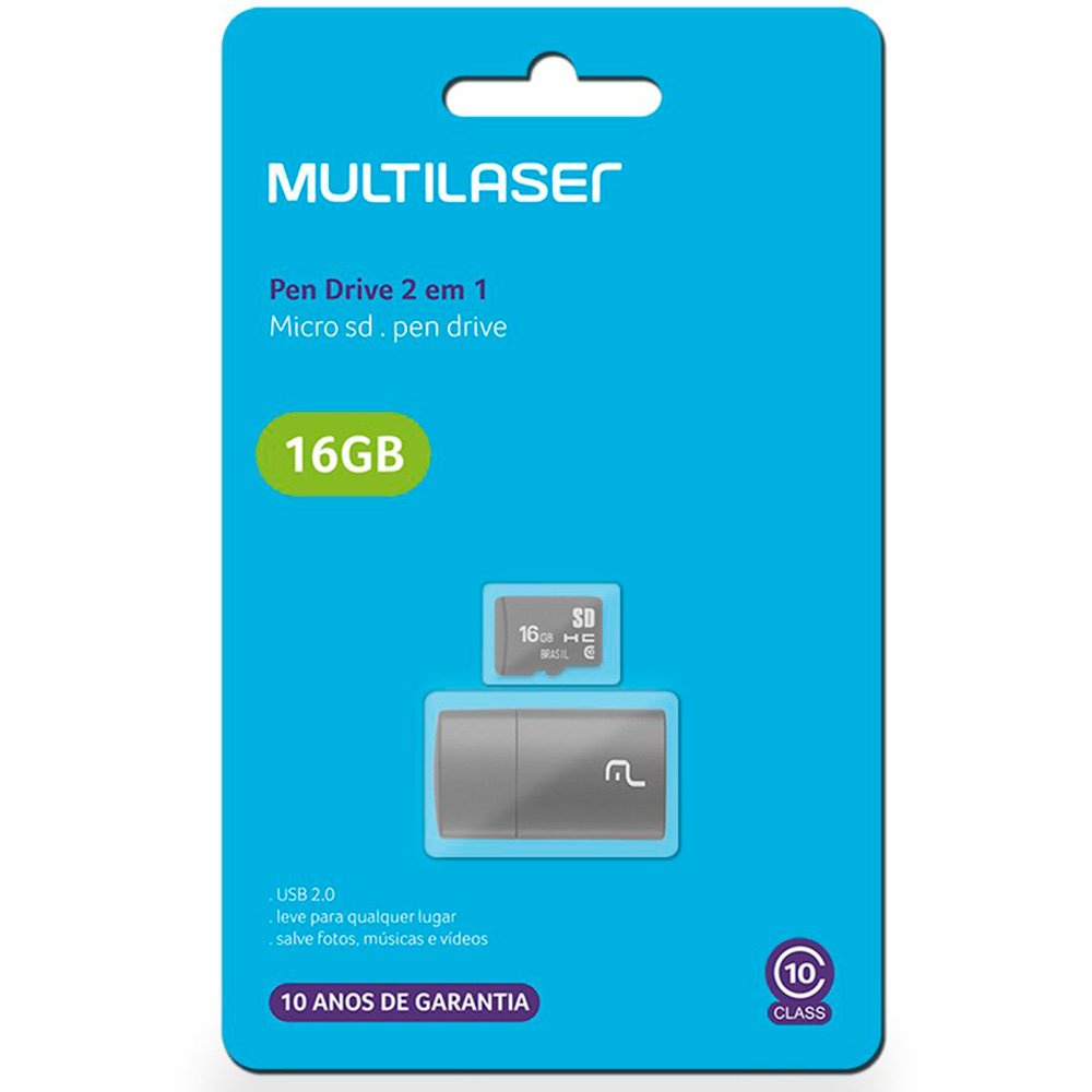 Cartão De Memória 16gb 2x1 Multilaser Classe 10 + Leitor Usb Lacrado MC162