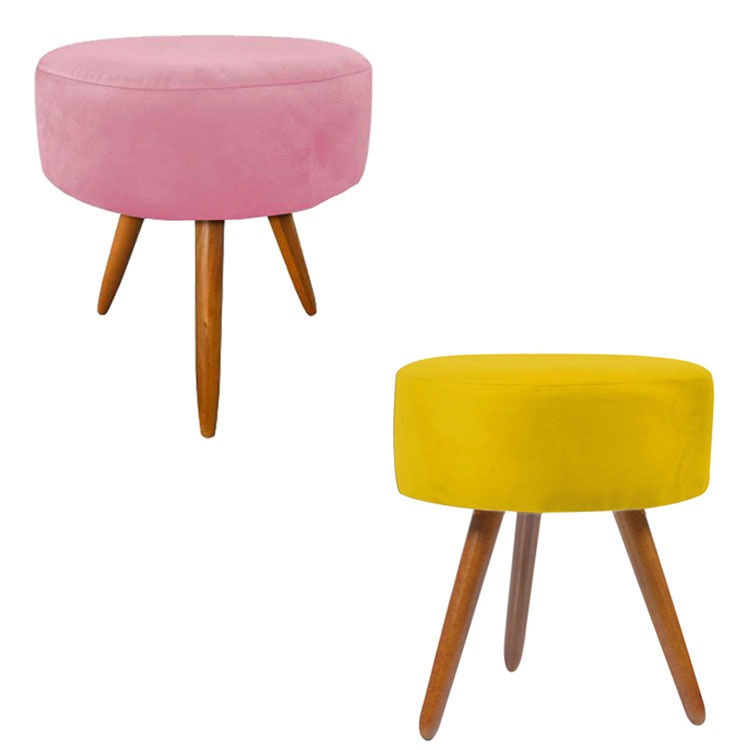 Combo 2 puff redondo Magnus pés palito suede rosé e amarelo para hall de entrada e recepção