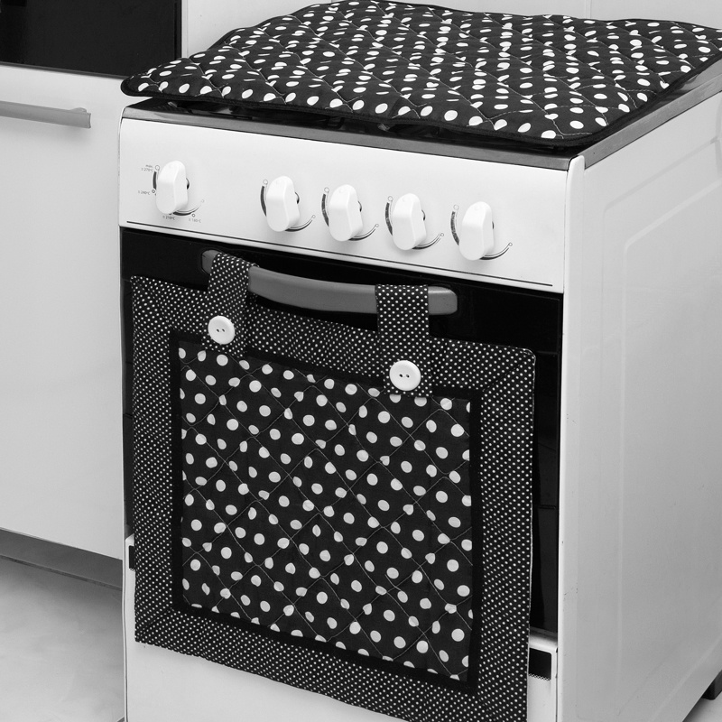 Kit Fogão Cortina Forno + Capa P/ Tampa Fogão Para  4 Bocas - Poá Preto - Keissy Cozinha