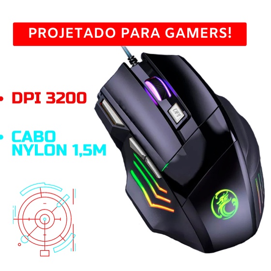 Mouse Gamer Para Jogo 7.200 DPI Óptico com LED RGB USB Knup MU007 MENOR PREÇO Escorrega o