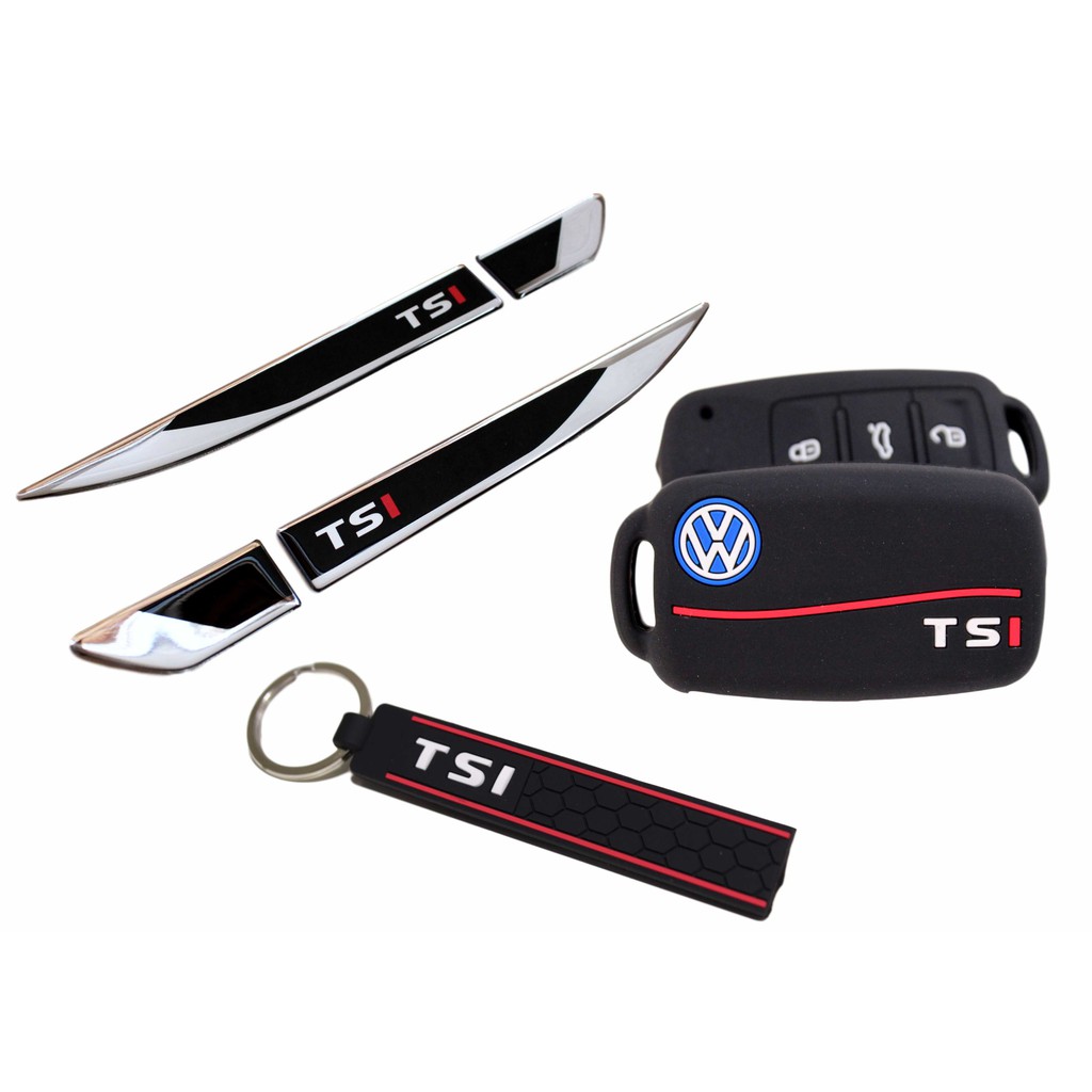 Kit Par Adesivos Resinados Laterais TSI + Capa Silicone Chave Canivete TSI Faixa Vermelha + Chaveiro TSI Vw Up Jetta Golf Tiguan