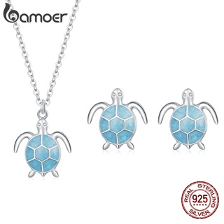 Bamoer 925 Sterling Silver Jewelry Set Brincos E Colar Estampa De Tartarugas Marinhas Azul Para Meninas Presentes