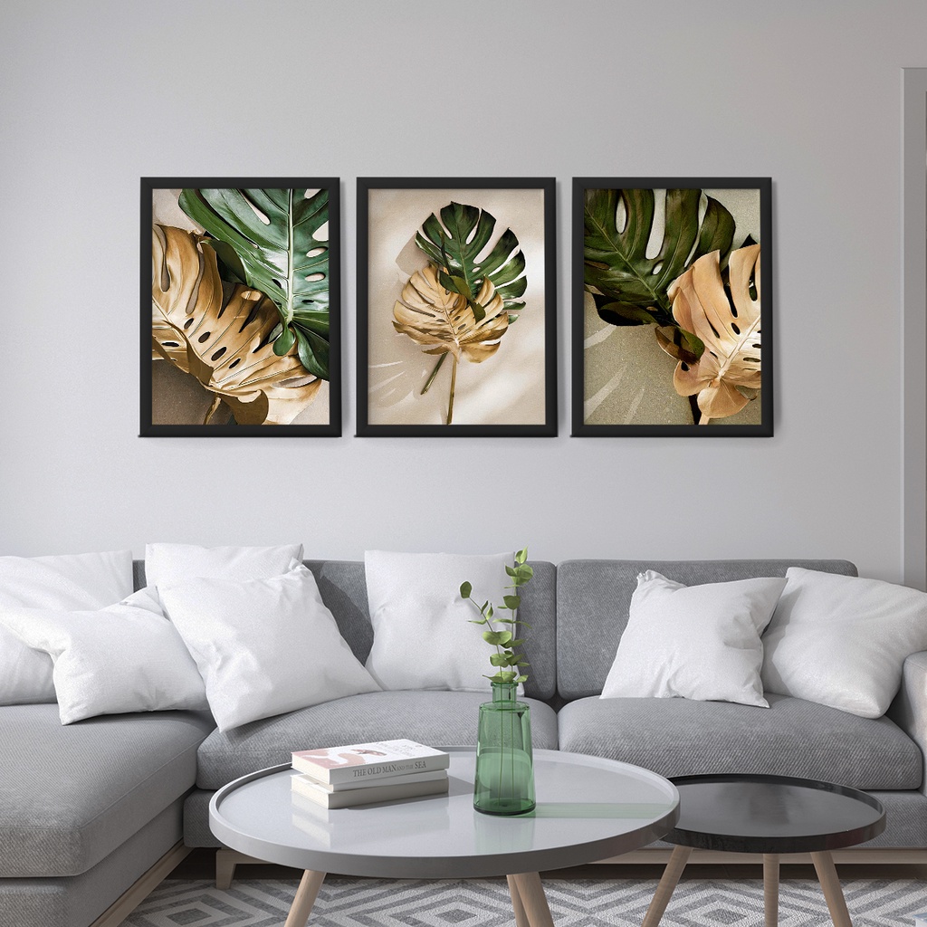 Kit 3 Quadros Decorativos Para Sala Modernos 40X60 Moldura Folhagem Verde e Dourado Grande