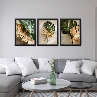 Kit 3 Quadros Decorativos Para Sala Modernos 40X60 Moldura Folhagem Verde e Dourado  Grand...