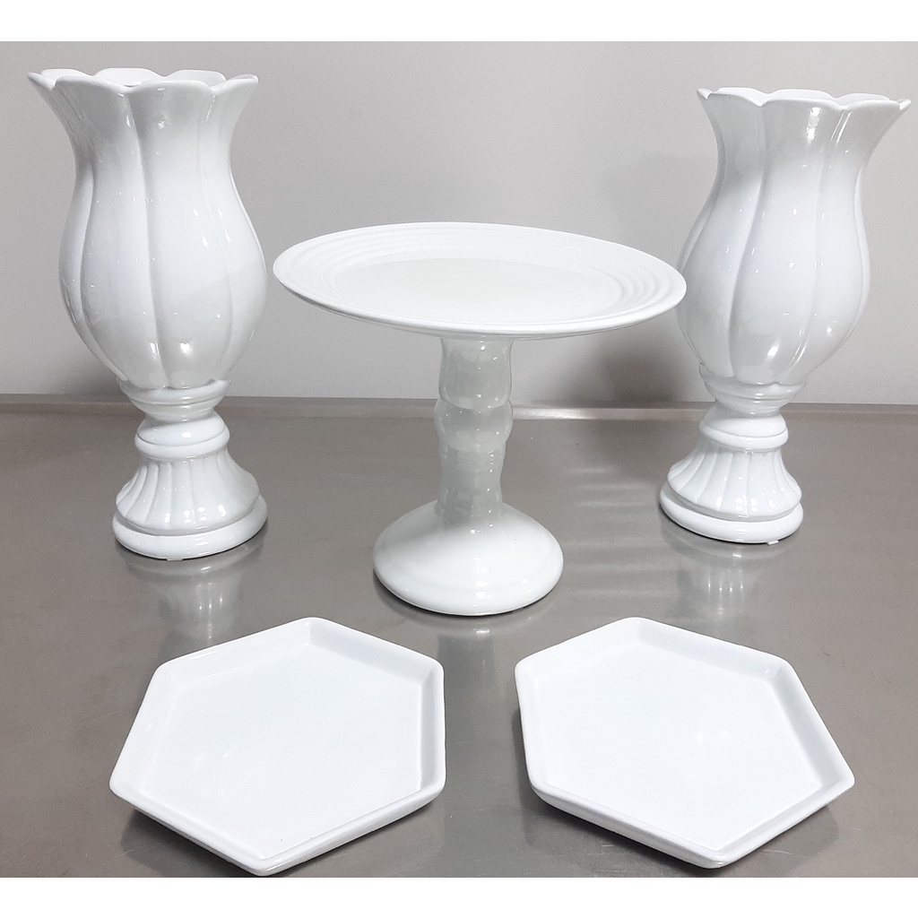 Kit Decoração Festa 1 Boleira 2 Taça 2 Doceira Cerâmica
