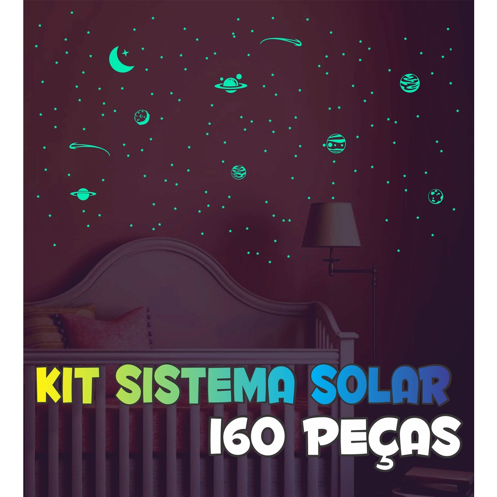 Adesivos que brilham no escuro - Kit Sistema Solar - 160 peças - Estrelas Planetas Cometas Lua - Decoração Teto Parede Infantil