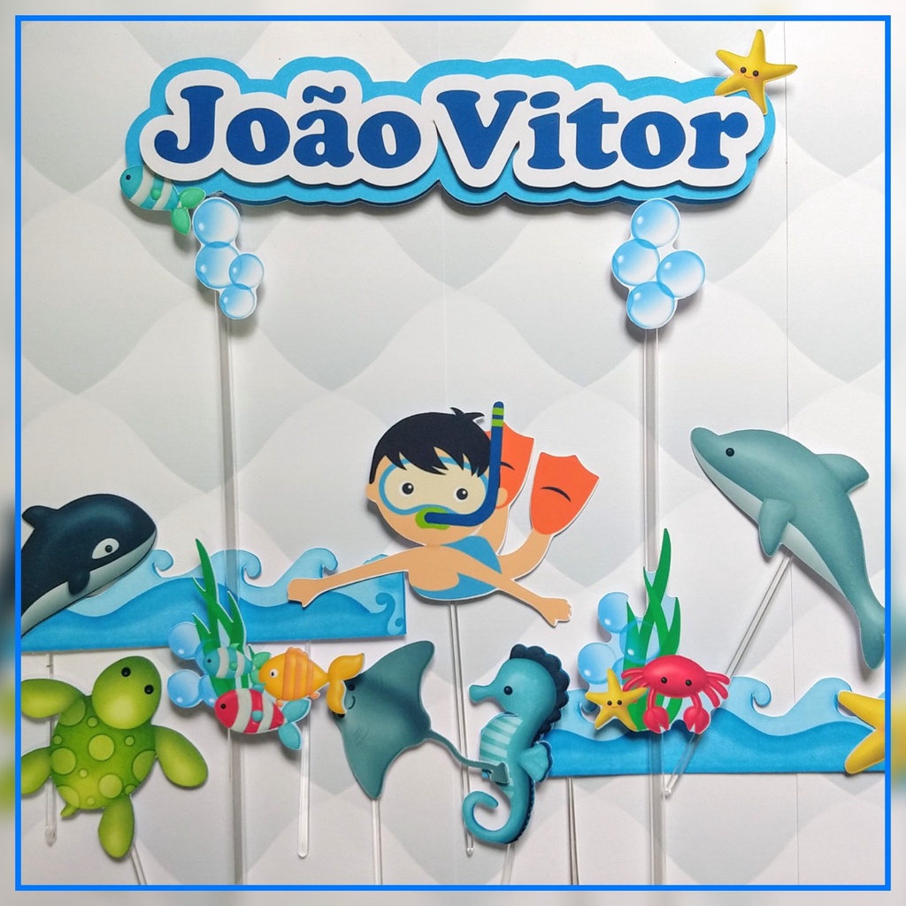 Topo Topper Bolo Fundo Do Mar Personalizado Animais Marinhos Enfeite