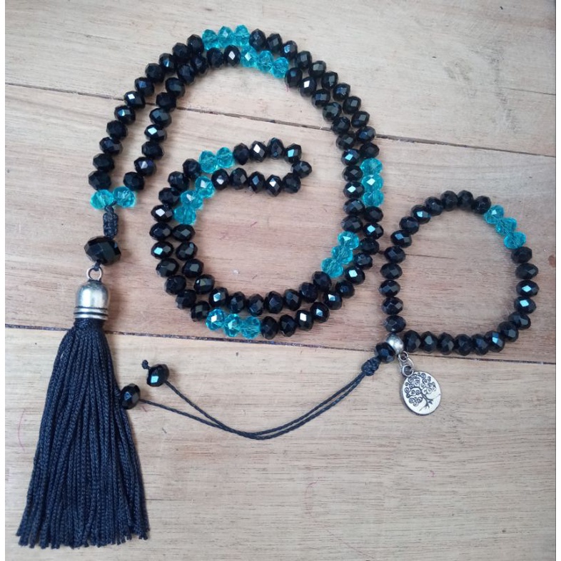 Imagem Japamala 108 Contas Cristal Preto Com Cristal Azul Tassel Preto 8MM Rosário Budista Ref:132