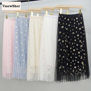 VmewSher new women skirt flower daisies print net yarn mid long skirts mesh elastic waist