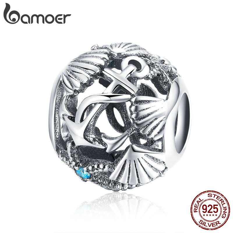 Bamoer 925 Sterling Silver Praia Tropical Shell Âncora Contas Encantos Fit Charme Pulseiras & Colares Jóias DIY SCC995 - Fashion Accessories