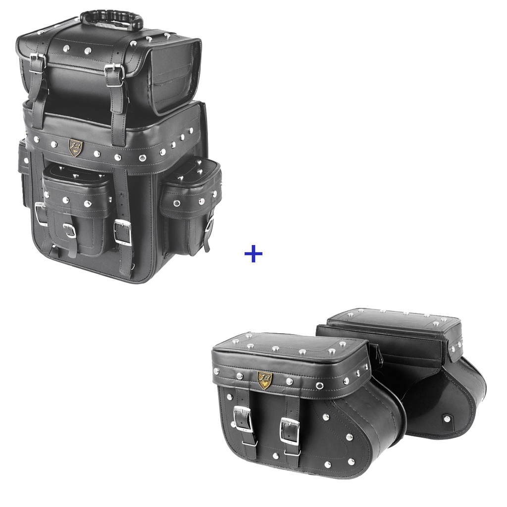 Kit Viagem Alforge Traseiro 32 Litros em Couro Sintético C/ Cravos + Alforge Lateral Botinha 18 Litros Couro Sintético C/ Cravos