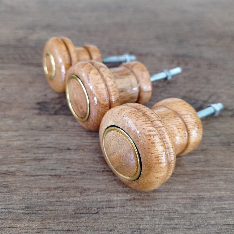 Puxador de Madeira Cerejeira kit 4/5/6 peças c/ Anel dourado, para porta, cômoda, gaveta e moveis em geral