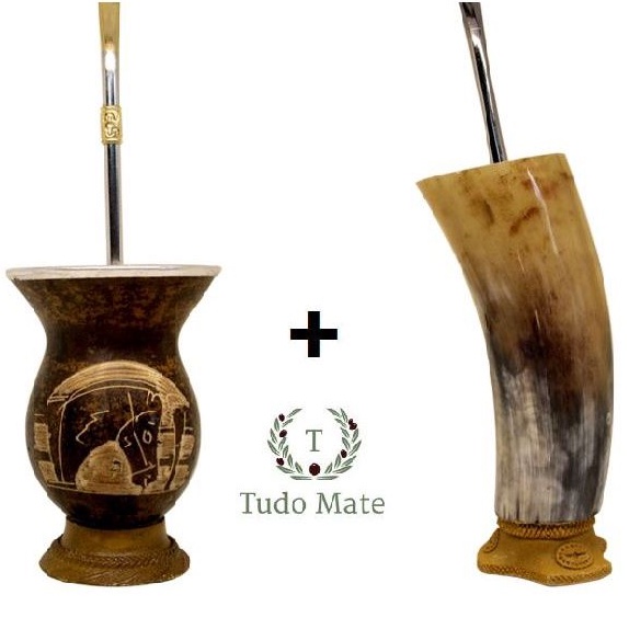 Kit Cuia Para Chimarrão com Bomba (Taça Martelada Cavalo) + Cuia Guampa Chifre Natural de Boi com Bomba