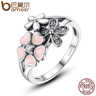 Bamoer Moda 925 Sterling Silver Rosa Flor Da Margarida Flor De Cerejeira Anel De Dedo Para As Mulheres # 6 7 8 9 Tamanho Jóias Scr004