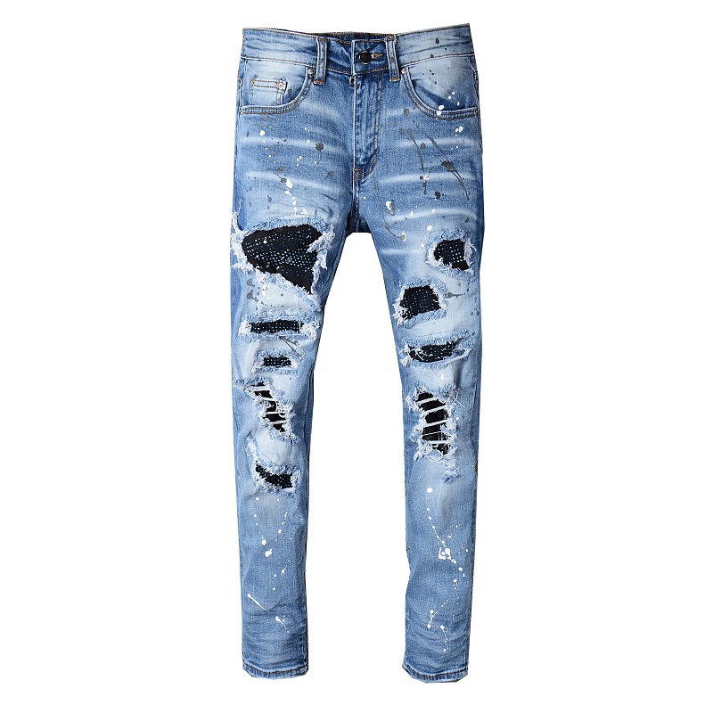 Amiri❤️563High Street Tide marca com remendo de buraco novo jeans com diamantesamiriJovens do sexo masculino Calças pequenas estiladas