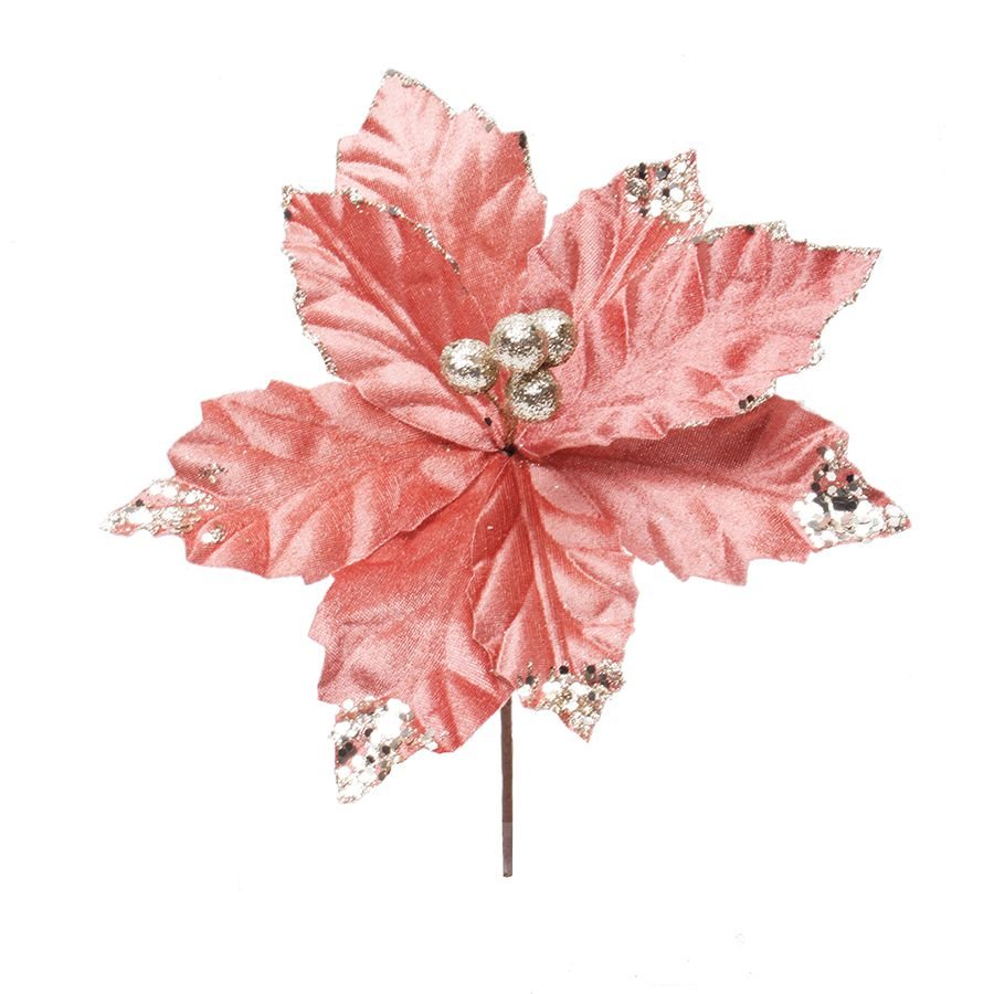 Flor Cabo Curto Veludo Rosa e Glitter 20cm - 01 unidade - Cromus Natal - Rizzo - Home & Living