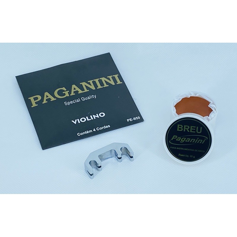 Kit Paganini para Violino 3/4 ou 4/4 com 1 jogo de cordas + 1 surdina de metal cromado + 1 breu claro