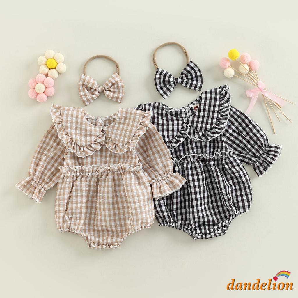 Dandelion-0-18 Meses Baby Girl Fall Outfit , Colarinho De Boneca Xadrez Manga Longa Romper Macacão + Faixa De Cabelo,Conjunto de Outono para  bebês Menina