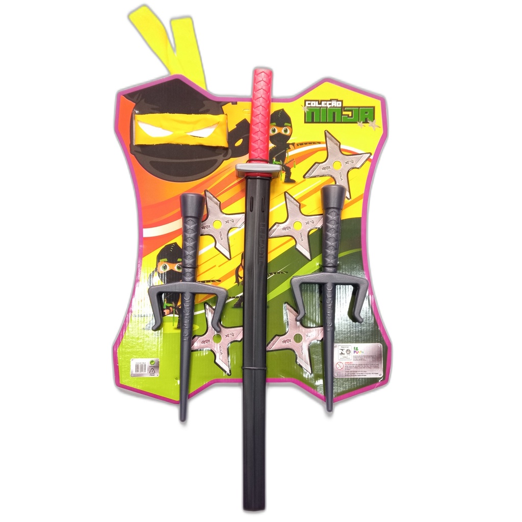 Kit Ninja Luxo 09 peças Deadpool: 01 Espada + 02 adagas + 01 máscara tecido + 05 estrelas papelão Brinquedo Ninja