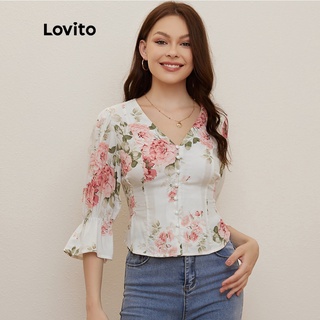 Lovito Blusa Floral Decote Em V Com Manga Florida Botões L20D016 (Branco)