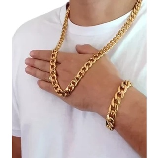 Conjunto Corrente e Pulseira dourada aço inox 70cm grossa 10mm