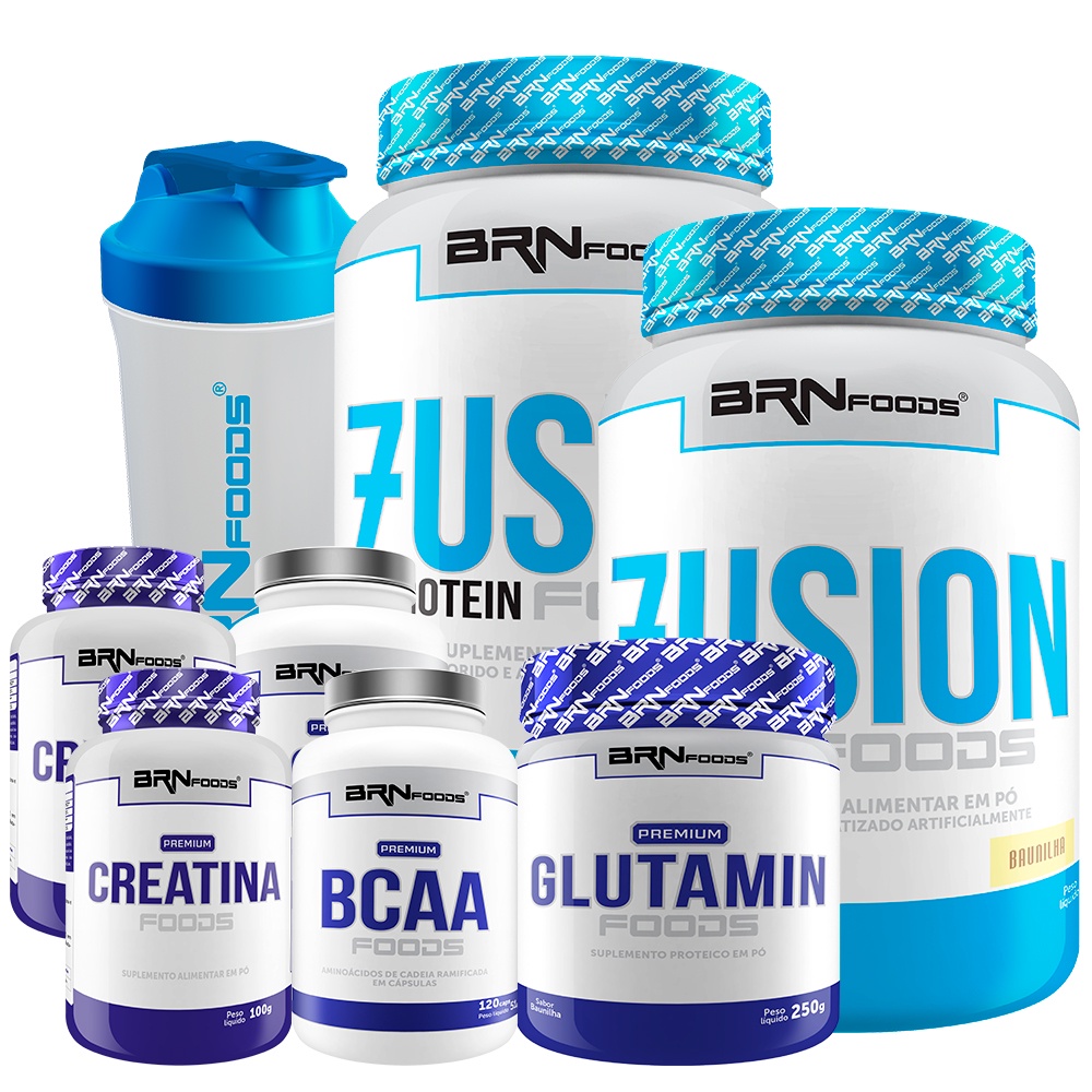 Kit 2x Whey Protein Fusion Foods 900g + 2x Creatina 100g + 2x Bcaa + Glutamina + Shaker - BRN FOODS