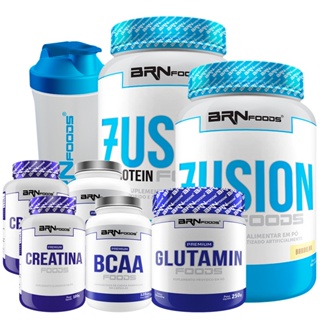 Kit 2x Whey Protein Fusion Foods 900g + 2x Creatina 100g + 2x Bcaa + Glutamina + Shaker - BRN FOODS em Oferta na Shopee