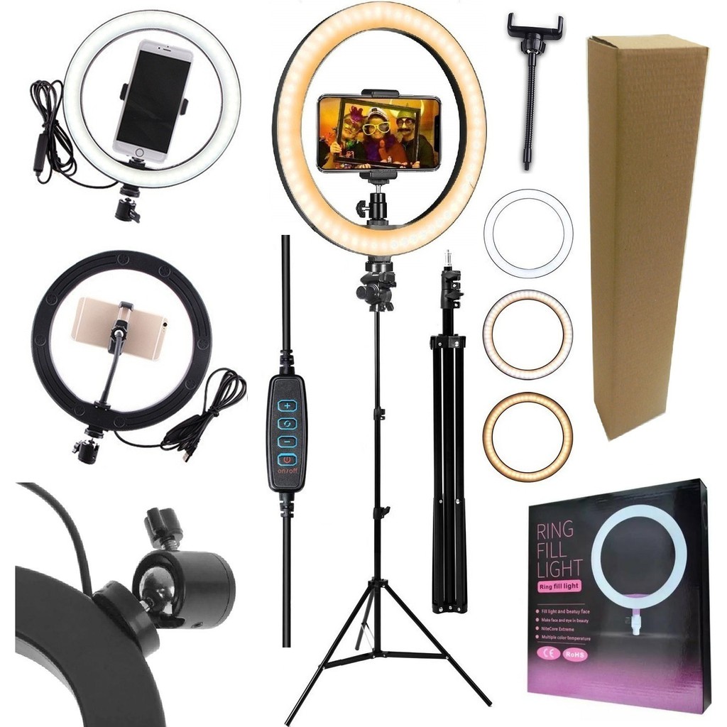 Kit Youtuber Tripé Profissional Pedestal 2,10m + Luz Iluminador Led Ring Light 26cm Reclinável Suporte Celular Universal