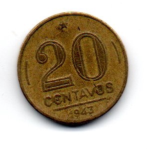20 Centavos 1943 - Bronze Alumínio - Moeda Brasil - Estado de Conservação: Bem Conservada (BC)