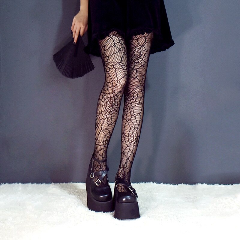 TeIa De Aranha Padrão Meias Meias Goth Preto Escuro Calças Justas Fina Verão Sexy Ladies Mulheres Nylon Elastic Fish Net