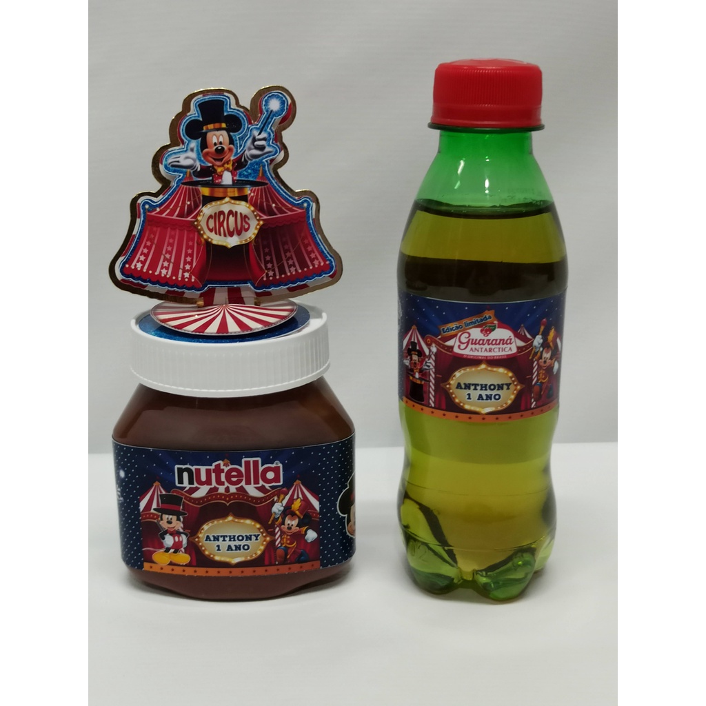 10 Apliques + 10 rótulos Nutella 140g + 10 rótulos refrigerante 200 ml Mickey circo (Fazemos qualquer tema)