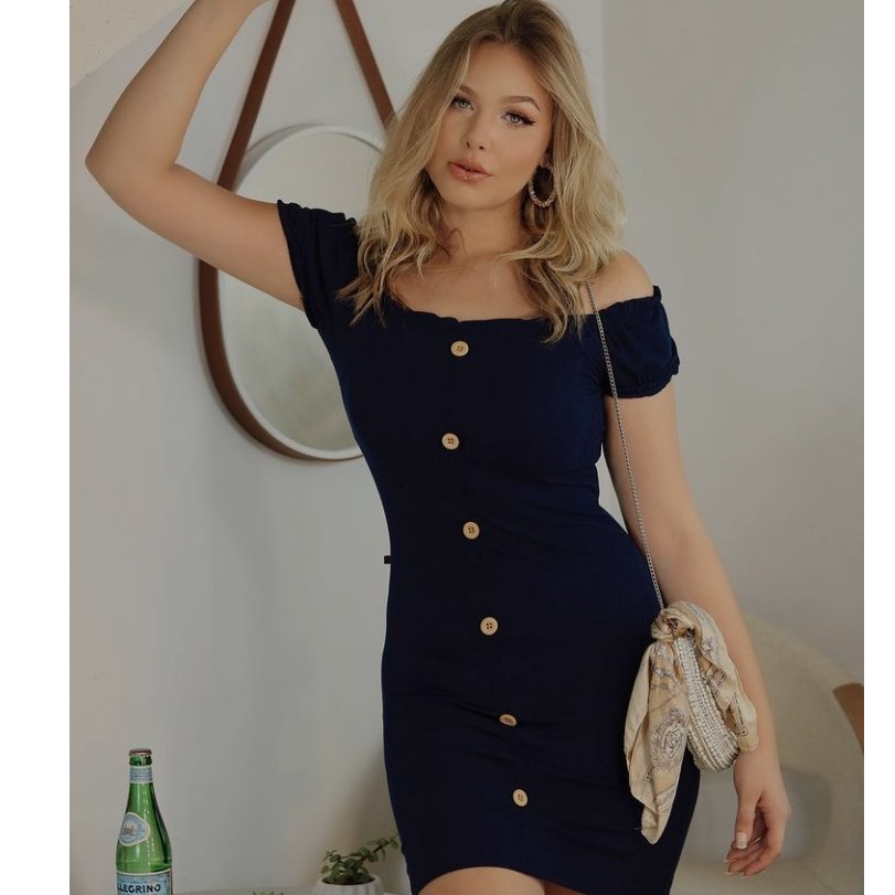 Vestido Curto Canelado Ombro a Ombro Com Botões Elegante, Preto, Rosa, Ciganinha | Tendência | Moda Gringa