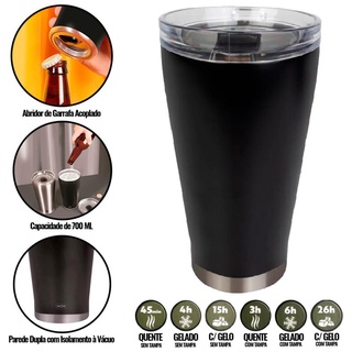 Copo Térmico de Cerveja Preto 700 ML c/ Tampa e Abridor - Conserva até 26h - MOR