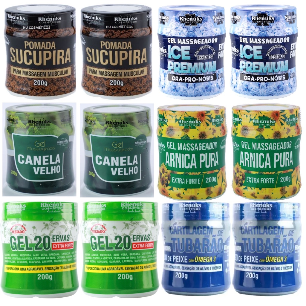 Kit 12 Gel Massageador Sortido 200g Contra Dores Muscular - Rhenuks em Oferta na Shopee
