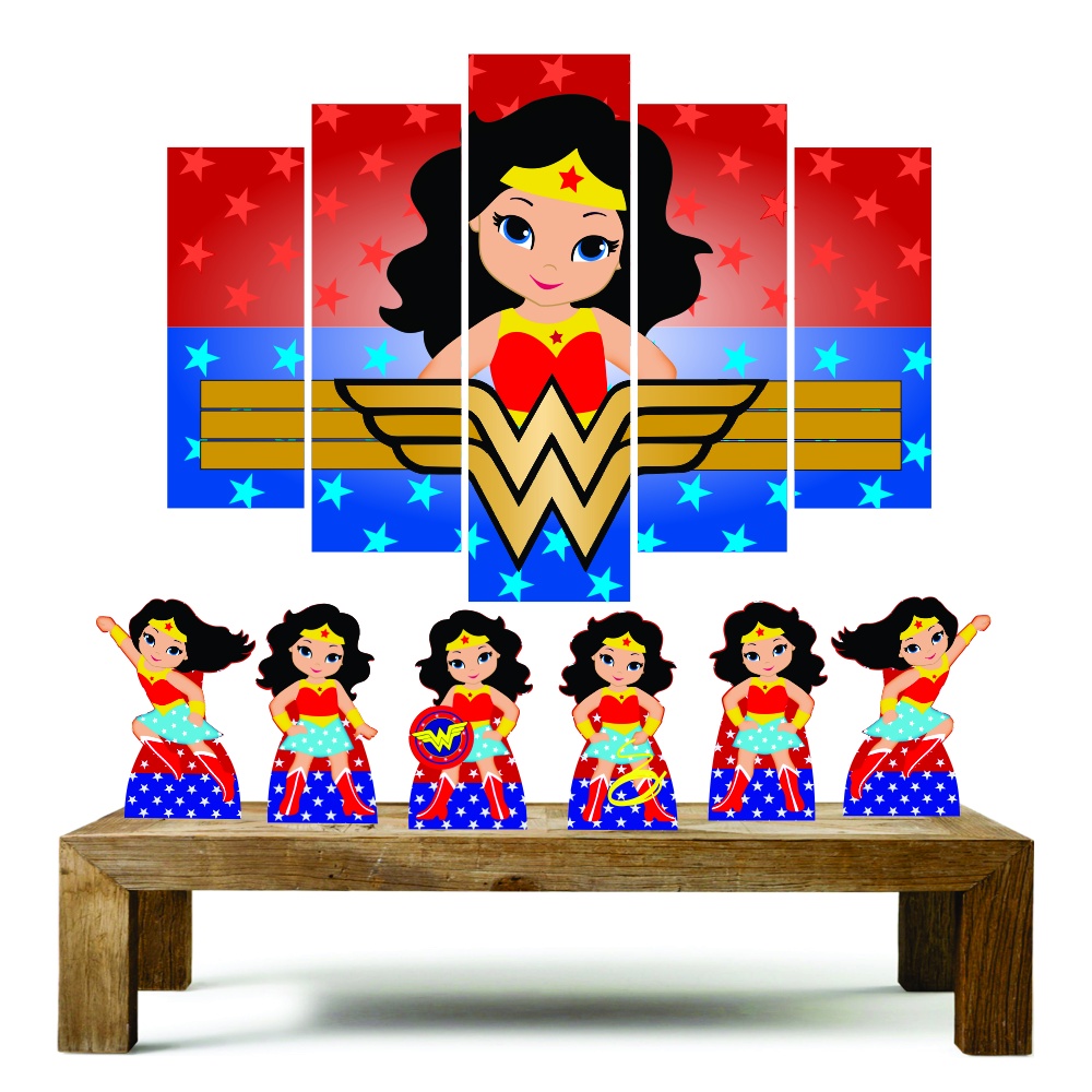 Mulher Maravilha Cute Kit Com 6 Displays + Quadro Mosaico kit festa econômica