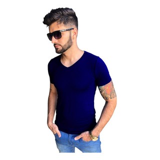 Camisa Slim Gola V Em Viés Viscose Com Elastano Manga Curta